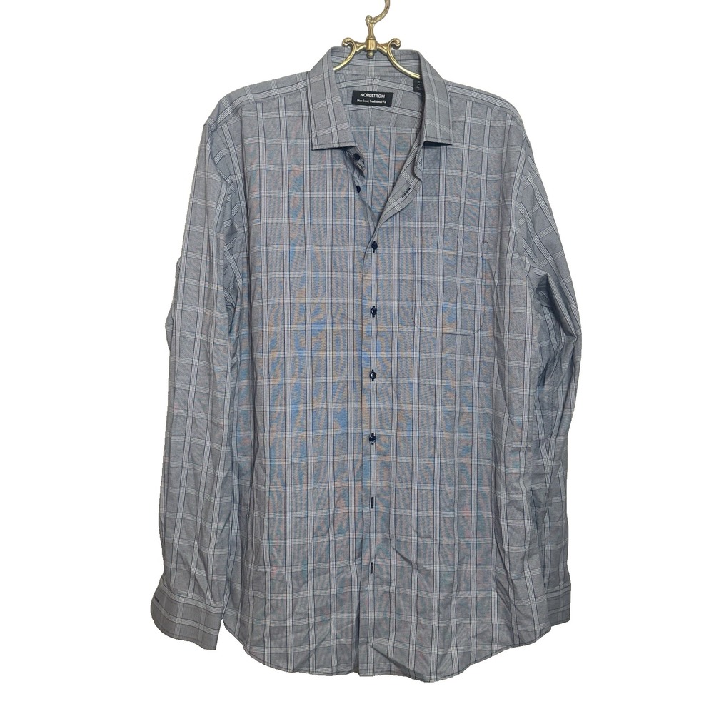 Nordstrom Non-Iron Traditional Fit Plaid Dress Shirt Mens 17.5 38-39 Blue Gray
